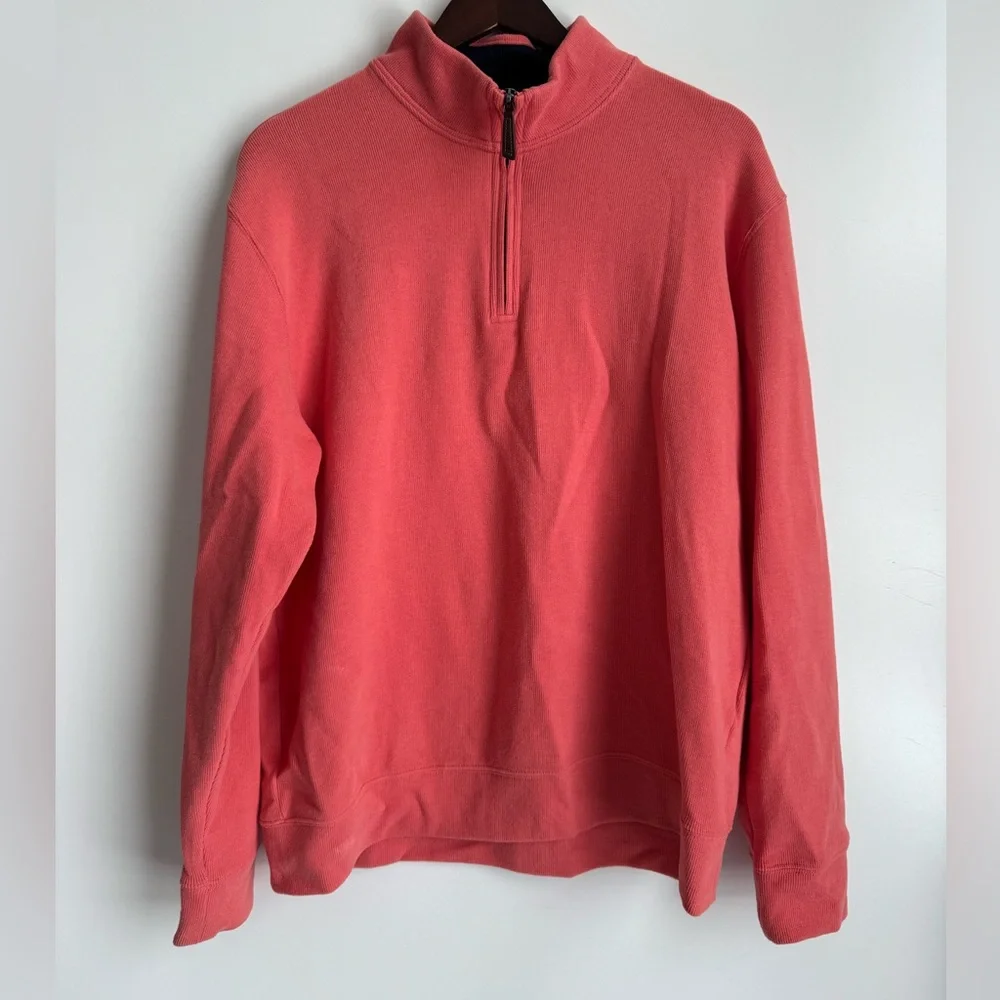 Lands' End Men's Ribbed Quarter Zip Men Large Pink blue preppy academia mockneck